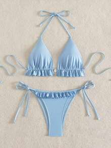 Swim Mod Women's Swimsuit, Two-Piece Bikini Set With Halter Neck, Ruffles And Bow In Solid Color For Summer - 藍色的 - 查看 4