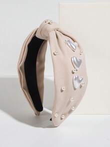 1pc Solid Color Fabric Fashionable Sweet Korean Style Women Headband, Minimalist Pearl Heart Decor Elegant Hair Accessory Travel Accessories Hair Band Diadema Hair Hoop - Beige - View 4