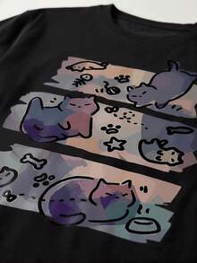 Women's Casual Cute Japanese Cartoon Cat Print Round Neck Short Sleeve T-Shirt, Spring/Summer, 100% Cotton Black - Black - View 5