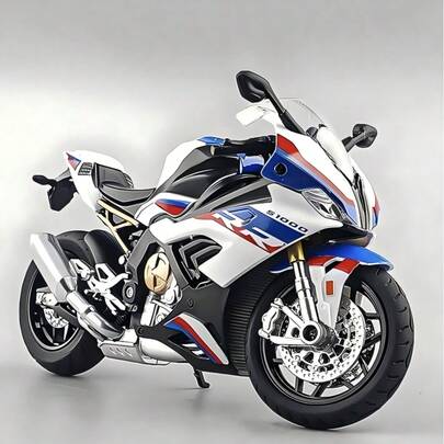 2pcs 1:12 Scale Metal Diecast Motorcycle S1000RR Racing Bike - Blue & White, Realistic Sound & Light Effects, Steering Function, Toy Collectible, Suitable For Halloween Decor, Christmas Gift