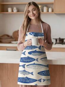 1pc, Fish Crab Lobster Pattern Polyester Apron, Suitable For Cooking, Baking, And Gardening - Can Be Used As Attire For The Kitchen And Dining - Multicolor - View 2