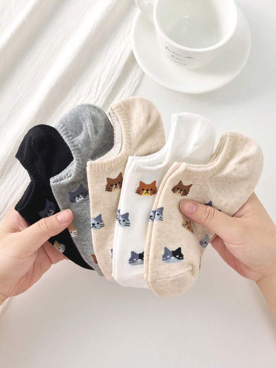 5 đôi tất nữ họa tiết mèo hoạt hình, tất cổ thấp kiểu Hàn Quốc dễ thương, tất thuyền kiểu Nhật INS mùa xuân/thu, tất thường ngày phong cách sinh viên cho mọi mùa. - Nhiều màu - Xem 1