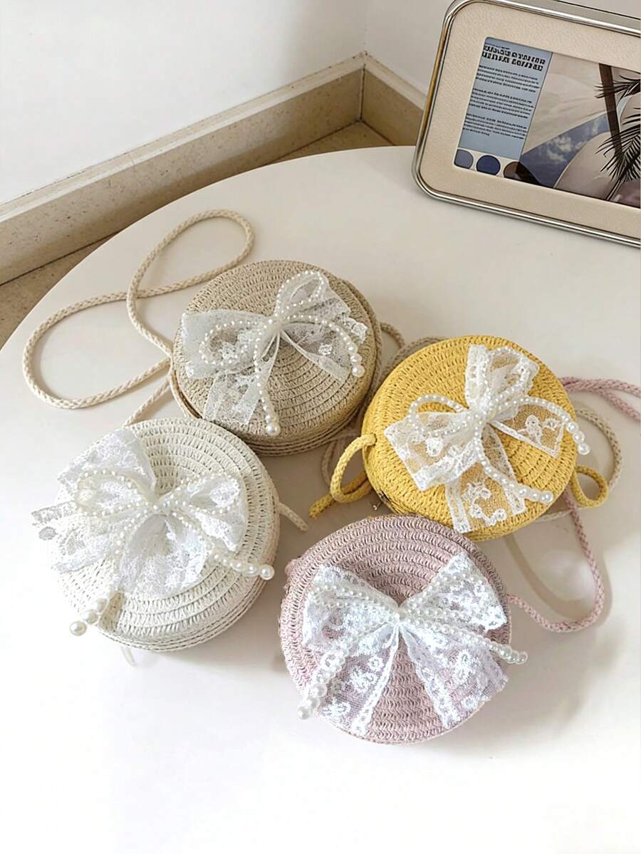Túi nhỏ tròn đan bằng rơm ren ngọc trai cho kỳ nghỉ hè ở bãi biển, ví đựng tiền xu dễ thương có khóa kéo, túi đan bằng rơm ngọc trai, túi cho bố mẹ và con cái, túi đan bằng rơm ren nơ. - A - Xem 1