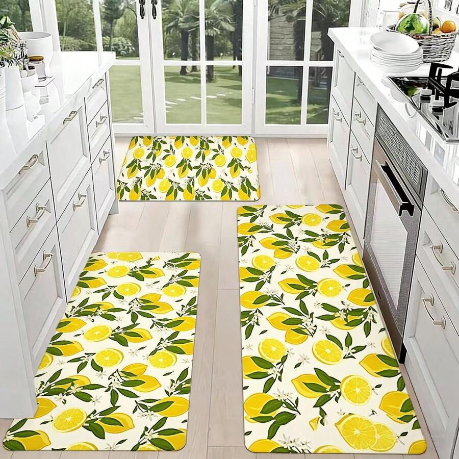 Citrus Lemon Pattern Kitchen Mat With Bright Yellow - trắng - Xem 1