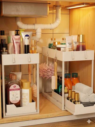 Kệ đựng đồ nhà tắm/nhà bếp 2 tầng trượt với 5 móc, kệ lưu trữ đa chức năng cho bồn rửa nhà tắm/nhà bếp, thiết kế chống ẩm có thể kéo dài, chất liệu PP dày, dễ lắp đặt và vệ sinh.