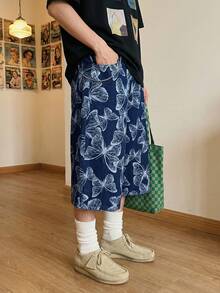 ONE.DINY Fashion Butterfly Jacquard Loose Wide Leg Bermuda Casual Shorts, Daily Commute Denim Shorts, Romantic Collegiate Style Shorts - Blue - View 1