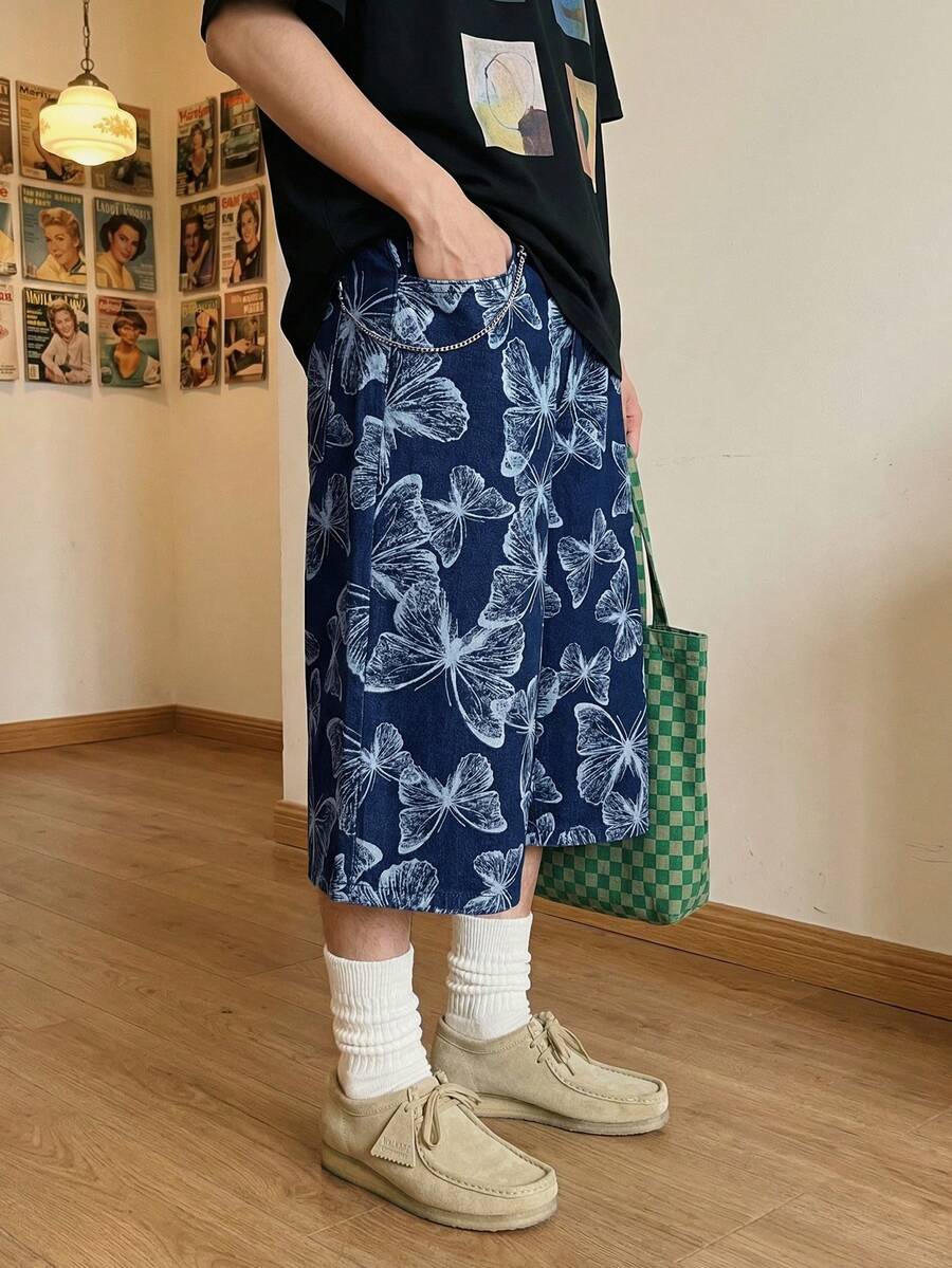 ONE.DINY Fashion Butterfly Jacquard Loose Wide Leg Bermuda Casual Shorts, Daily Commute Denim Shorts, Romantic Collegiate Style Shorts - Blue - View 1