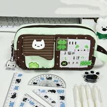 1个绿色四叶草猫咪造型铅笔盒，可爱卡通高品质文具袋，大容量学生铅笔盒 - 多色 - 查看 6