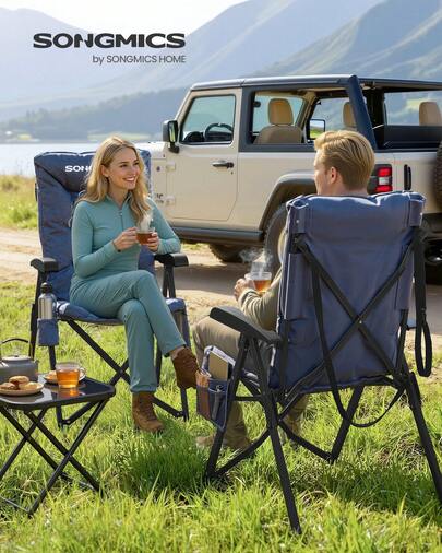 Camping Chair For Adults, 95°-150° Reclining, 6 Cm Thick Padded Folding Garden Chair, Adjustable High Back, Cup Holder, Side Pocket, Carry Strap Bag, Garden Dining Fishing
