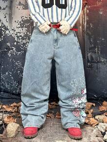 1 pieza Pantalones vaqueros anchos y holgados estilo Y2K Grunge Goth para hombre, estampado gráfico de calavera Sakura con lavado claro vintage, pantalones de mezclilla oversize estilo skater y streetwear - Celeste - Ver 3