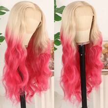 13X4 Ombre Pink Lace Front Wigs Transparent HD Lace Ombre Pink To White Body Wave Synthetic Hair, Pre-Plucked Glueless 28 Inch Long Wave Wig With 180% Density Ombre Red Wigs For Women & Men, All Ethnicities, Party & Daily Wear, Preplucked Hairline - Màu hồng ombre - Xem 3