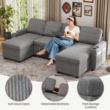 Corner Sofa Bed, U-Shaped Sleeper Sectional Couch Bed, 3-In-1 Corduroy Convertible Pull Out Sofa Bed With Adjustable Backrest, Storage And Cup Holder For Living Room, Dark Grey - 4-seater U-shaped Corduroy Dark Gray - View 2