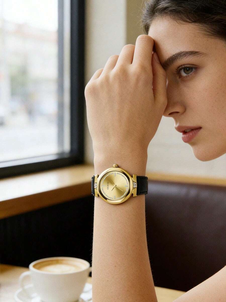 Guess Đồng hồ nữ cổ điển thanh lịch, máy quartz, dây da đen, mặt số họa tiết tia nắng, đính pha lê, thích hợp cho các cuộc họp kinh doanh, hẹn hò cà phê, dạ hội, ngày lễ, sinh nhật, một món quà lý tưởng cho bạn gái. - Vàng - Xem 1