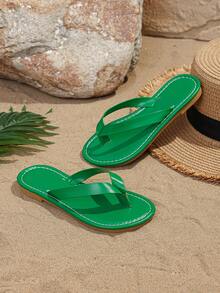 1双婴幼儿男女通用黑色拖鞋，柔软PU材质，简约人字拖设计，圆头露趾，防滑软底，适合3-15岁男孩/女孩日常穿着，也适合海滩、度假、派对、春夏等场合。 - 綠色 - 查看 6