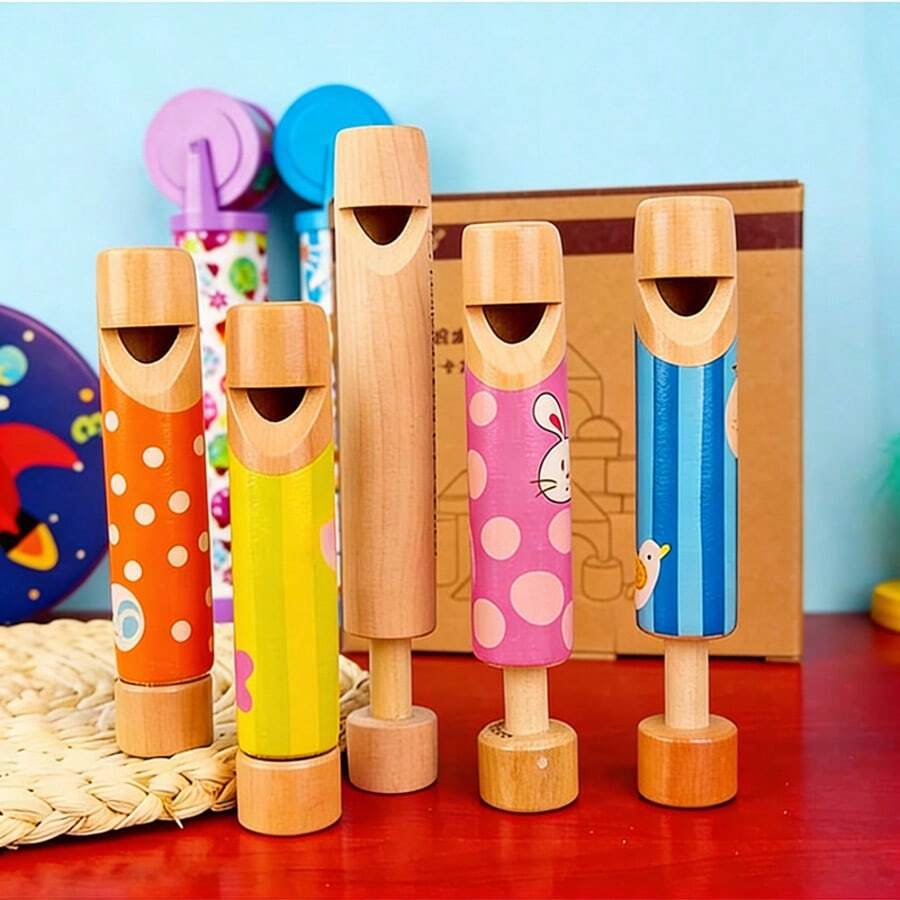 木制可爱卡通拉线口哨变音木笛拉线玩具乐器 - 彩色 - 查看 1