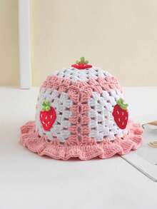 1pc Women's Handmade Crochet Strawberry Pattern Bucket Hat, Bohemian Style Hollow Out Ruffled Cute Knitted Cap, Breathable Foldable Casual Hip Hop Hat - 紅色 - 查看 12