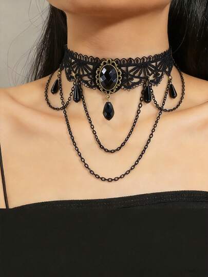 1ชิ้น สร้อยคอโชคเกอร์สไตล์โกธิควินเทจสำหรับผู้หญิงพร้อมลูกไม้, พลอยและสร้อยคอโซ่พู่