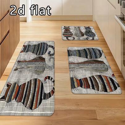 1 pièce/2 pièces/3 pièces Tapis de cuisine imprimé avec silhouette de chat mignon, tapis d'entrée antidérapant pour intérieur/extérieur, convient pour le salon, la chambre, la cuisine, la salle de bain, le patio, la décoration de la maison, la décoration extérieure, lavable en machine, tapis de bain absorbant