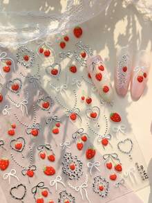1pc 5D Sliver Strawberry Bow Nail Art Stickers Stamping Sliver Long Ribbon Fruit Manicure Decorations Decals - Multicolor - View 3