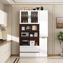 Armoire haute – Rangement modulable, étagères coulissantes, verre strié, adapté au salon, à la salle à manger et à la cuisine - Blanc + Noyer + MDF - Voir 1
