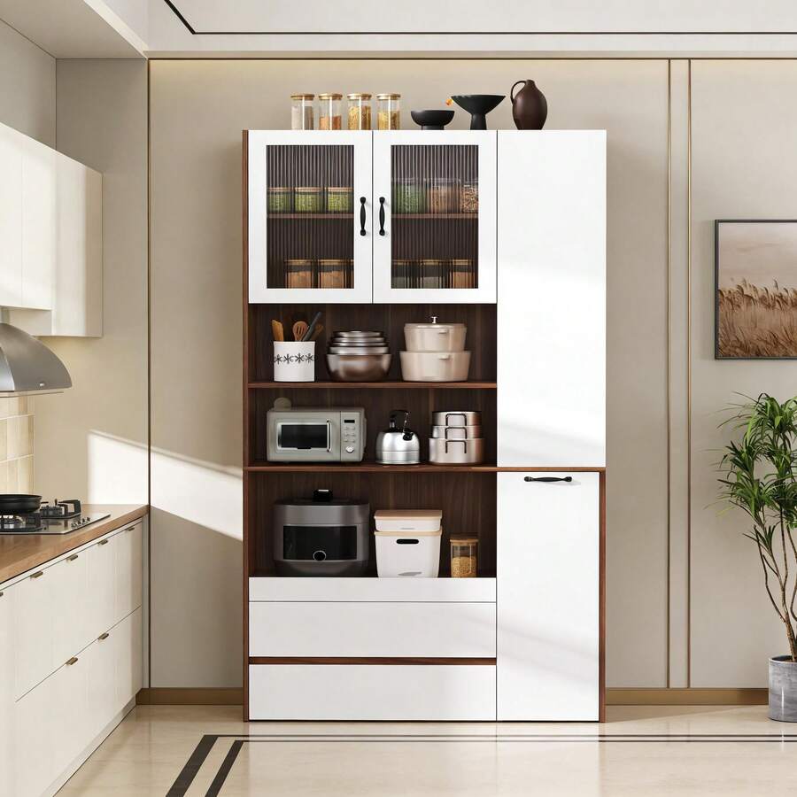 Armoire haute – Rangement modulable, étagères coulissantes, verre strié, adapté au salon, à la salle à manger et à la cuisine - Blanc + Noyer + MDF - Voir 1