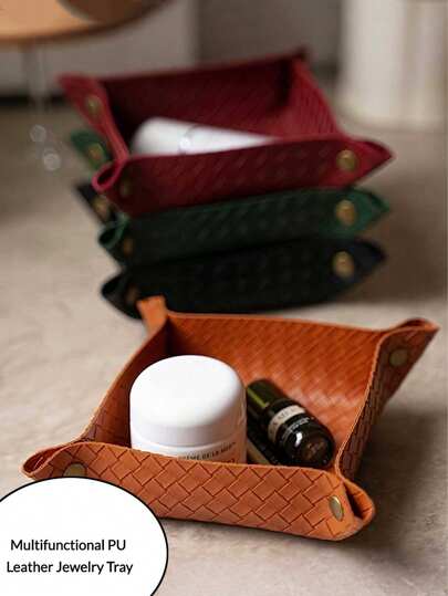 Multifunctional PU Leather Jewelry Tray, PU Leather Desktop Tray, Rectangular Desktop Storage Box, Foldable Organizer Box, Suitable For Entryway, Keys, Cosmetics, Office Desk Accessories, With Jewelry Tray, Elegant PU Leather Display Plate, Suitable For Living Room Decor And Snacks, Valentine's Day And Back To School Gifts