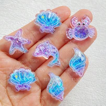10个树脂扁平卡通海洋系列螃蟹、海豚、海星、贝壳装饰品，DIY适用，适用于婚礼、剪贴簿、珠宝工艺和配件