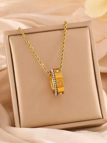 1 pieza Anillo con corazón de acero inoxidable chapado en oro de 18K con diamantes de imitación, con collar de cadena de cuerda de oro de 14K, adecuado para uso diario de mujeres, regalo de vacaciones, collar colgante de moda - collar - Ver 1