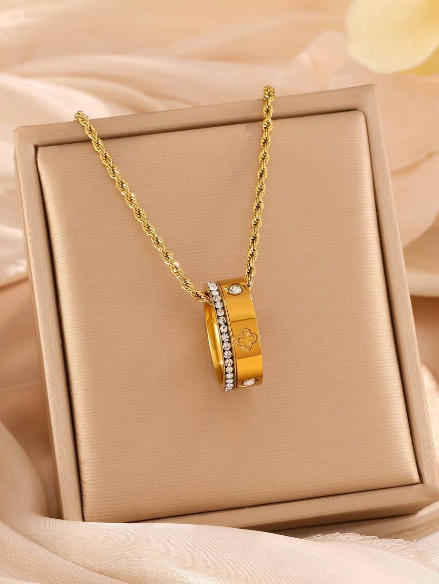 1 pieza Anillo con corazón de acero inoxidable chapado en oro de 18K con diamantes de imitación, con collar de cadena de cuerda de oro de 14K, adecuado para uso diario de mujeres, regalo de vacaciones, collar colgante de moda - collar - Ver 1