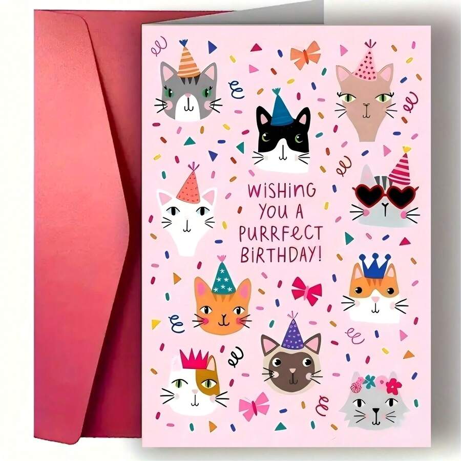 1张可爱猫咪设计生日贺卡，适合送给爱猫人士、家人、伴侣、朋友和同事 - 小貓圖案賀卡 - 查看 1