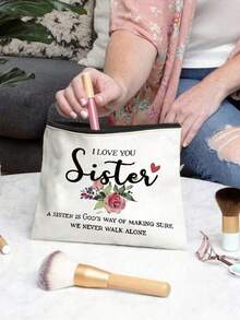 1pc Canvas Cosmetic Bag, "I Love You, Sister" Printed Makeup Bag, Portable Travel Toiletry Bag, Non-Waterproof, Zipper Storage Pouch, Suitable For Sisters And Friends Cosmetic Storage, Mini Makeup Bag, Travel Makeup Case Accessory, Makeup Brush Bag, Makeup Container, Cosmetic Bag, Travel Essential, Women Accessory, Travel Supplies, Cosmetic Bag, Makeup Pouch - Multicolor - View 6