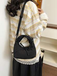 Tas Tangan Nylon dengan Dekorasi Pita Lucu, Penutup Magnetik, Tas Bahu & Selempang untuk Wanita, Cocok untuk Belanja, Bepergian, dan Penggunaan Sehari-hari - Hitam - View 2