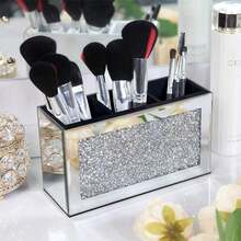 1pc Exquisite Multi-Shaped Crystal Rhinestone Silver Makeup Brush Storage Box Mirror Eyeliner Storage Box Glass Shell Bling Rhinestones Makeup Organizer.,Makeup Bag,Travel Essential - Black - View 2
