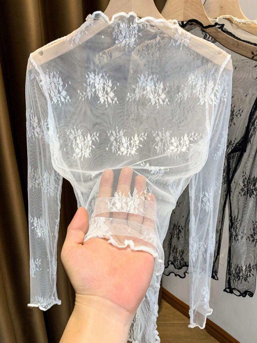 Blusa transparente de encaje con cuello alto y manga larga delgada para mujer, para primavera/verano/otoño - Blanco - Ver 1