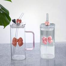 1个350毫升方形蝴蝶结玻璃杯，带把手，透明把手南瓜杯，经典马克杯，可作茶杯、果汁杯、咖啡杯、牛奶杯、水杯、水果杯、汤杯等，适用于厨房、餐厅、派对、万圣节、户外派对、返校季等场合。 - 彩色 - 查看 2