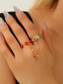1 pieza Anillo de dedo doble bohemio multicolor con cuentas para mujer, de acero inoxidable chapado en oro, con cadena de flor enlazada, para anillo de dos dedos, joya de primavera y verano para playa y regalo - vistoso - Ver 2