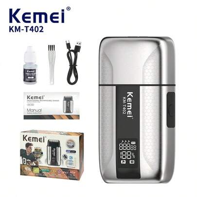 1 máy cạo râu điện chuyên nghiệp KM-T402 dành cho nam, chống nước, lưỡi kép chuyển động tịnh tiến, thân máy bằng kim loại, khử trùng bằng tia UV, tỉa râu, sạc nhanh Type-C, màn hình thông minh.
