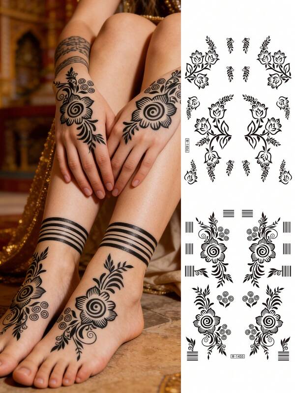 Set Of 2 Sheets Black Henna Temporary Tattoo Stickers, Summer Boho Tulip & Swirl Floral Geometric Design, For Hands, Wrists, Ankles, Waterproof Long-Lasting, Easy Apply&Remover, Fake Tattoos For Festivals, Bridal & Vacation