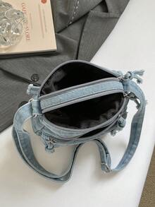 Mini Fashionable Floral Embroidered Jeans Multi-Pocket Crossbody Bag – Versatile Women's Shoulder Bag, Small Jeans Bag, Mom Bag With Adjustable Strap - Blue - View 12