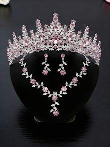 Set de joyería nupcial de 3 piezas con corona de lujo con rhinestones, conjunto de collar y aretes con corona de diamantes rosas estilo princesa, adecuado para boda/fiesta - Rosa - Ver 8