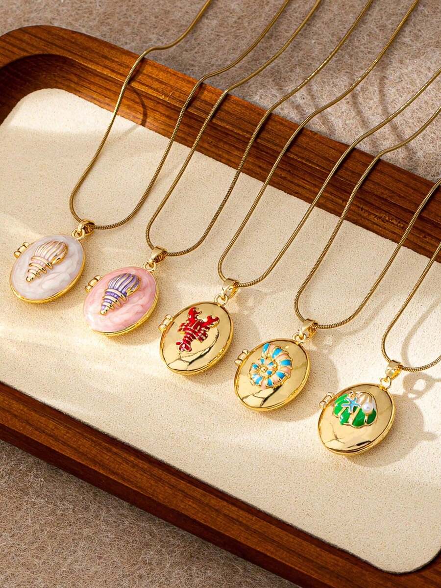 1 件贝壳龙虾海星造型吊坠，18K 镀金不锈钢链项链，饰有海洋生物吊坠，防水防褪色，女士珠宝礼物 - 彩色 - 查看 1