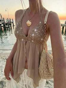 Women's Sexy Crochet Halter Top, Sequin Embellished Deep V Sheer Chiffon Peplum Cami, Bohemian Beach Cover-Up For Summer Vacation, 2026 Y2K Going Out Wear - Brown - View 4