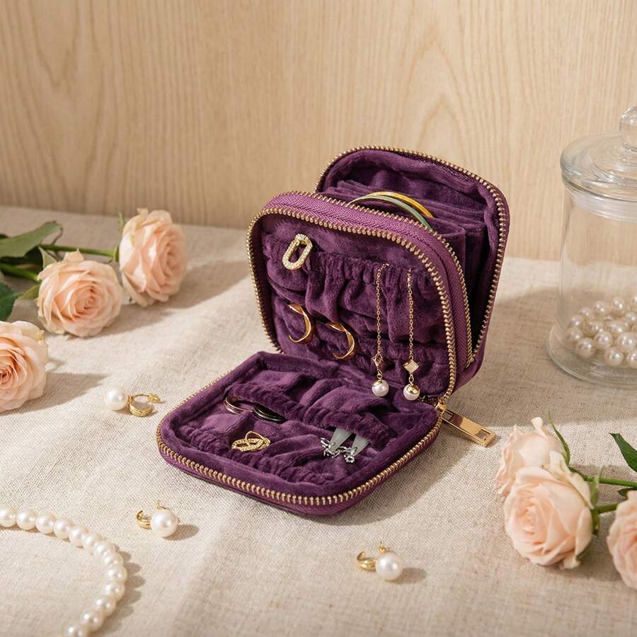 1 pieza Estuche de viaje para joyas de 2 capas - Organizador vintage con 11 bolsillos, bolsa pequeña para joyas de mujer con collares, aretes y anillos, con cremallera de metal suave