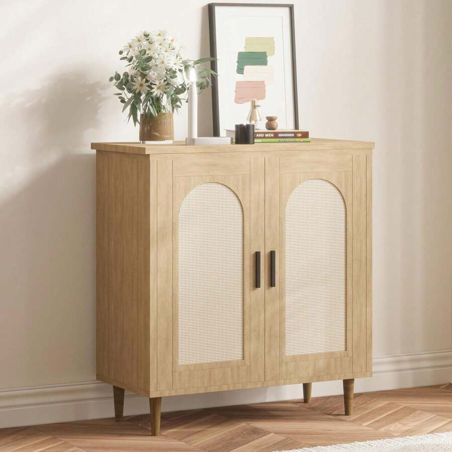 Gabinete de lata de ratán de 2 niveles con piernas de madera resistentes, mesa de consola moderna para la entrada, pasillo, comedor, sala de estar, muebles de acento - Natural - Ver 1