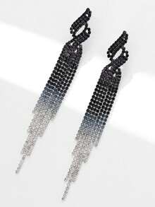 1 par de pendientes largos con flecos y pedrería, uso versátil diario para mujeres - Degradado en blanco y negro - Ver 3