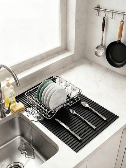 1 pieza Estera de secado de platos de silicona, resistente al calor y antideslizante, almohadilla para fregadero de cocina, estera de drenaje rectangular gris para frutas y verduras