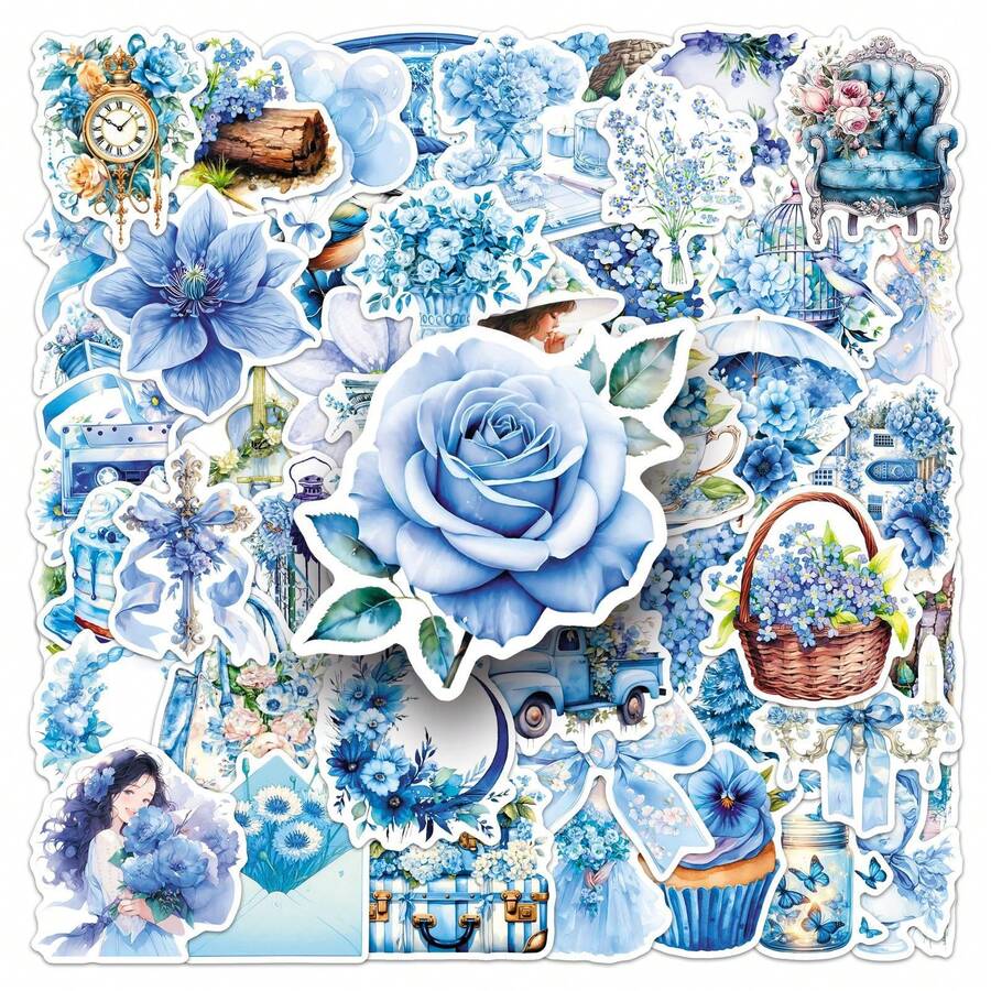 50 piezas Pegatinas de dibujos animados azules y lindos para jardín para manualidades DIY, guitarra, taza, casco, decoración creativa de vacaciones - 50 Jardines Azules - 1947 - Ver 1