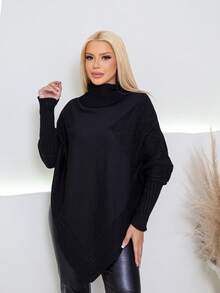 MONNEI Knitted Poncho With High Neck And Asymmetrical Batwing Sleeves, French Style - màu đen - Xem 3