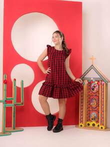 Junior Girl's Checkered Dress For June Festival, Light And Elegant, Flared - 方格/紅/黑 - 查看 7