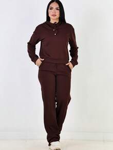 Ana Ribbed Wide-Leg Pants + Hoodie Set - Coffee Brown - View 2
